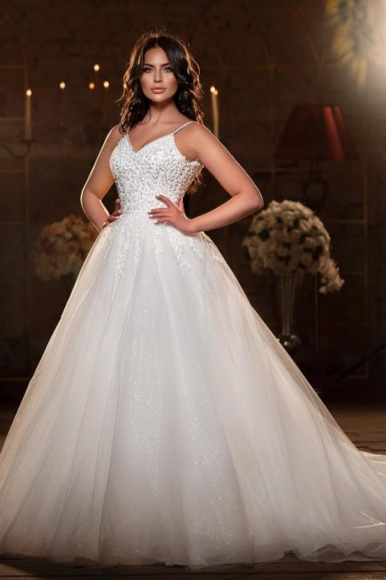 Vestidos de Noiva Modestos em Tule, Sem Mangas, com Alças Finas, Corte em A e Comprimento até ao Chão, com Aplicações