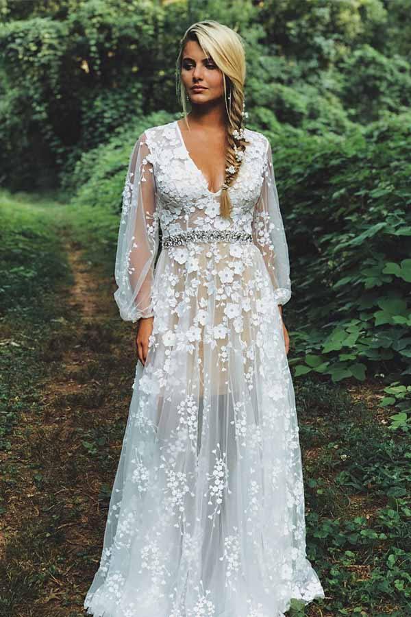 Vestido de Noiva Modesto com Decote em V, Renda Branca, Mangas Compridas e Bordados com Contas