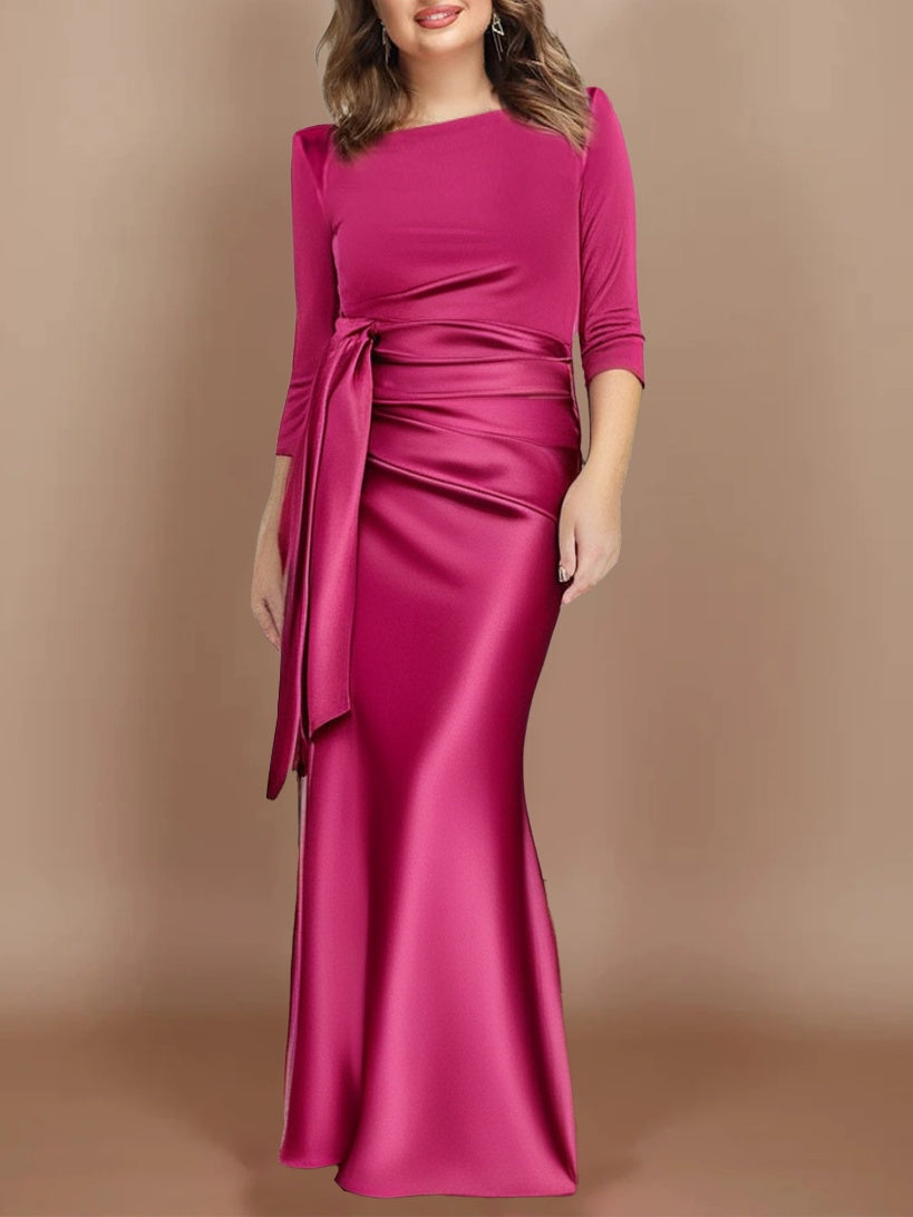 Floor Length Plus Size Mother of the Bride Dress Bow and Three Quarter Sleeves