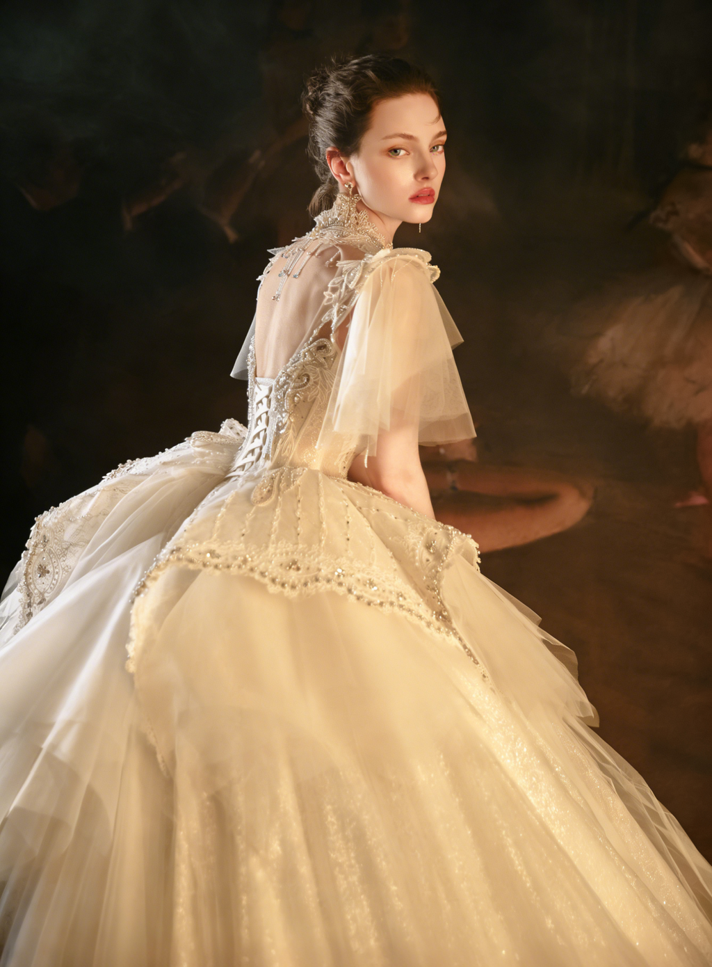 Beaded High Neck Ball Gown Wedding Dress with Tulle Cape & Train