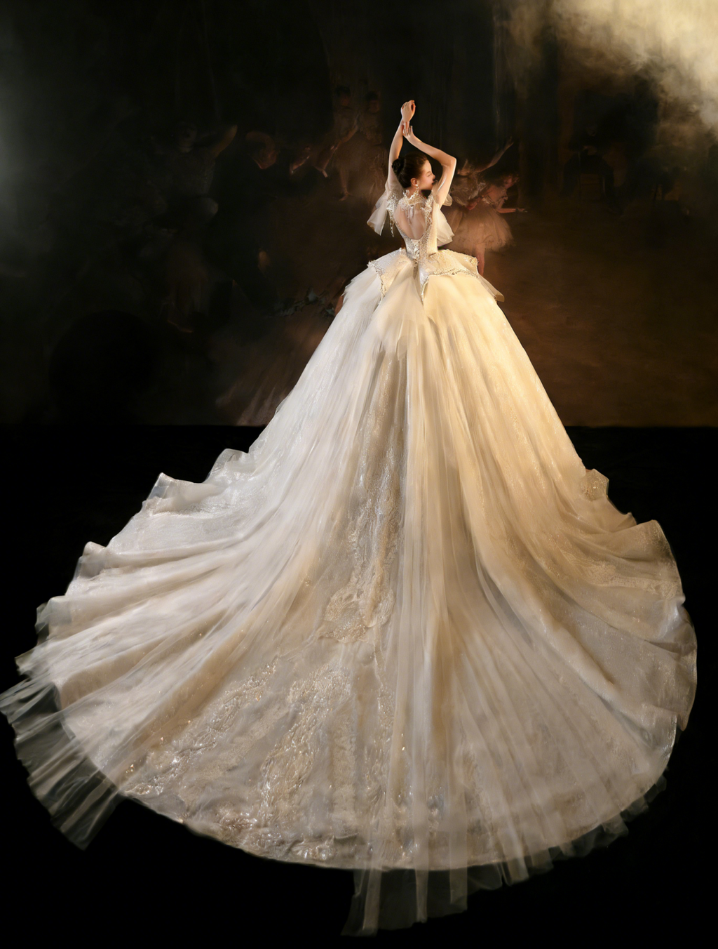 Beaded High Neck Ball Gown Wedding Dress with Tulle Cape & Train