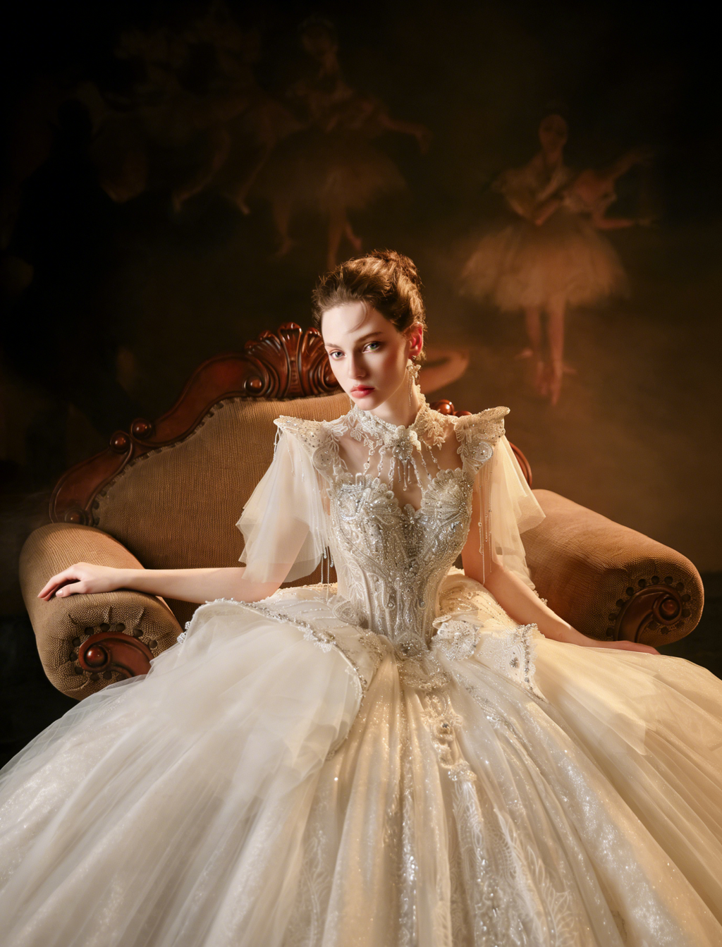 Beaded High Neck Ball Gown Wedding Dress with Tulle Cape & Train