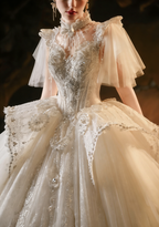 Beaded High Neck Ball Gown Wedding Dress with Tulle Cape & Train
