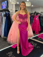 Myki | Vestidos largos de gala sirena de satén fucsia sin tirantes con abertura