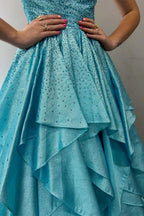Nacre | Aqua Blue Hot Stone Multi-Layer Ruffle Long Prom Dress