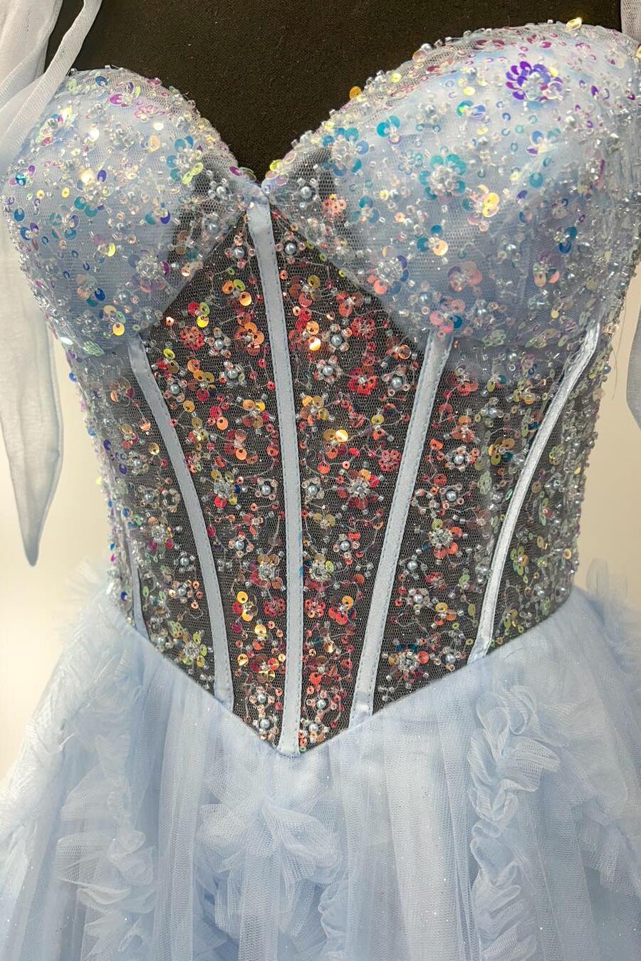 Nalda | Blaues Ballkleid mit Spaghettiträgern, Pailletten und Tüll im A-Linien-Schnitt