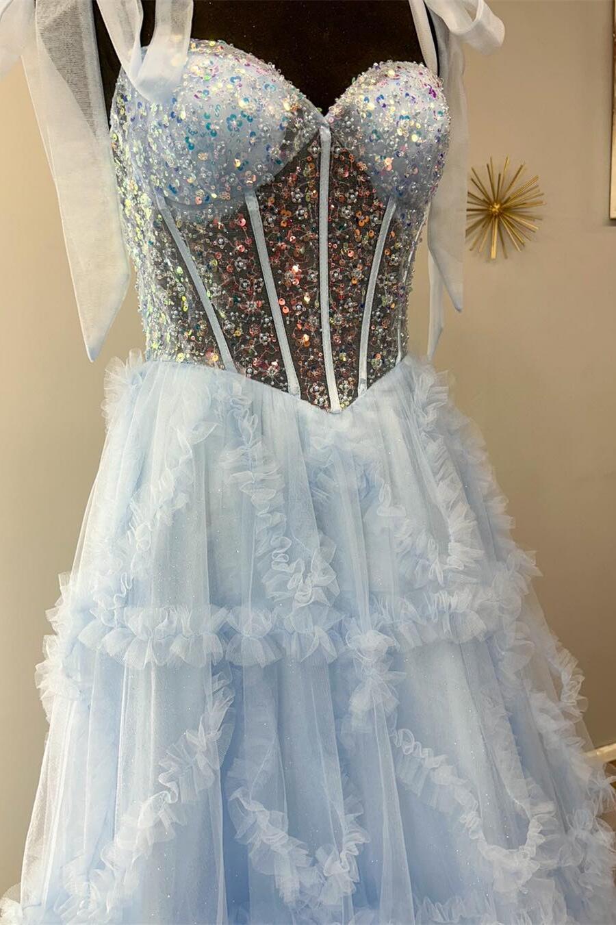 Nalda | Blaues Ballkleid mit Spaghettiträgern, Pailletten und Tüll im A-Linien-Schnitt
