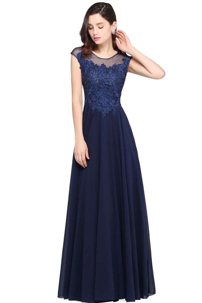 Robe de bal bleu marine en mousseline avec appliques, coupe trapèze et encolure dégagée