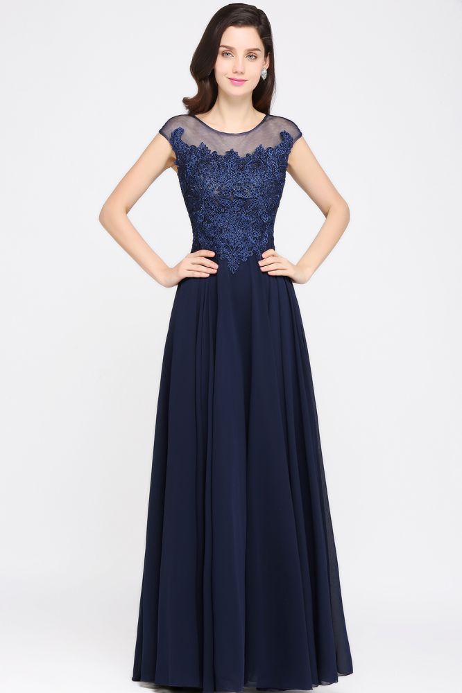 Robe de bal bleu marine en mousseline avec appliques, coupe trapèze et encolure dégagée