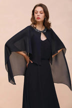 Marineblaues Brautjungfernkleid mit Perlenbesatz, Wickelstil, bodenlanges Chiffonkleid für die Trauzeugin