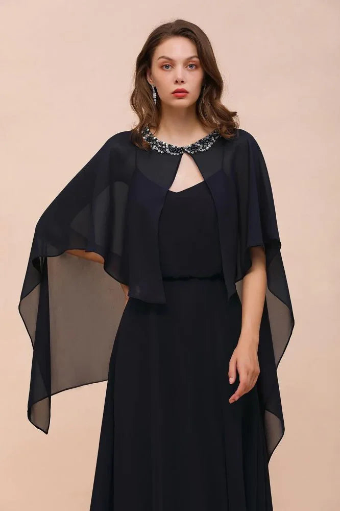 Marineblaues Brautjungfernkleid mit Perlenbesatz, Wickelstil, bodenlanges Chiffonkleid für die Trauzeugin