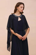 Marineblaues Brautjungfernkleid mit Perlenbesatz, Wickelstil, bodenlanges Chiffonkleid für die Trauzeugin