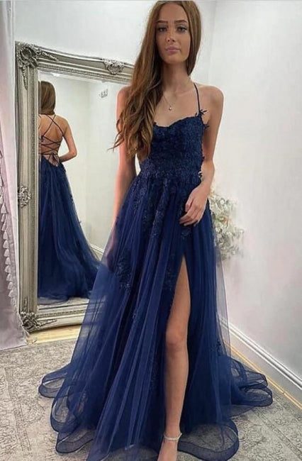 Robe de bal bleu marine en tulle, ligne A, bretelles fines, fendue devant, dos nu