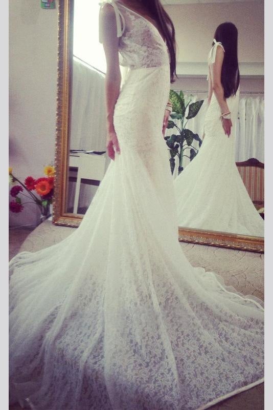 Vestido de Sereia Elegante Sem Mangas com Decote Profundo em V nas Costas, Longo em Renda para Casamento