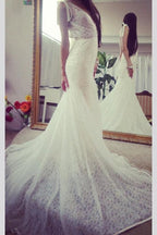 Vestido de Sereia Elegante Sem Mangas com Decote Profundo em V nas Costas, Longo em Renda para Casamento