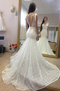 Vestido de Sereia Elegante Sem Mangas com Decote Profundo em V nas Costas, Longo em Renda para Casamento