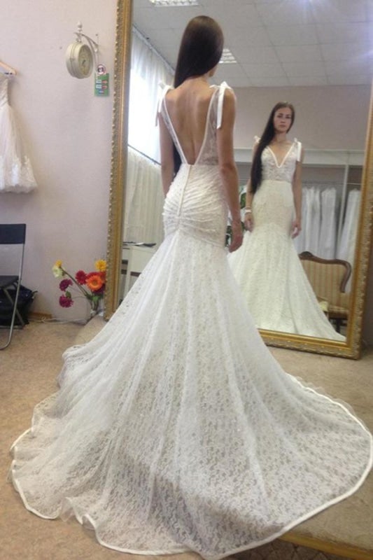 Vestido de Sereia Elegante Sem Mangas com Decote Profundo em V nas Costas, Longo em Renda para Casamento