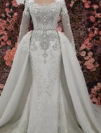 Nuovo Arrivo Abito da Sposa a Maniche Lunghe a Coda di Sirena con Sopravveste