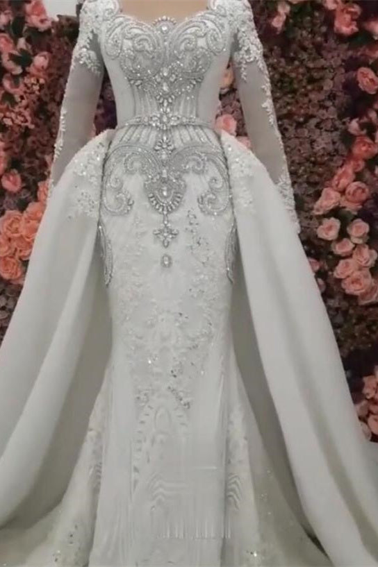 New Arrival Long Sleeves Mermaid Wedding Dress with Overskirt