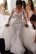 Nuovo arrivo Abito da sposa a tubino a maniche lunghe con strascico staccabile