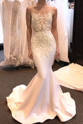 Abito da sposa elegante a sirena nuovo arrivo, in raso, senza maniche, con collo trasparente e strascico a spazzola, grazioso