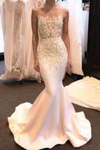 Abito da sposa elegante a sirena nuovo arrivo, in raso, senza maniche, con collo trasparente e strascico a spazzola, grazioso