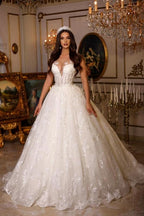 Nuovi eleganti abiti da sposa lunghi a linea ad A con scollo a V e senza maniche in pizzo