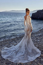 Nuovi abiti da sposa lunghi a sirena in pizzo con maniche lunghe