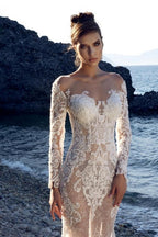 Nuovi abiti da sposa lunghi a sirena in pizzo con maniche lunghe
