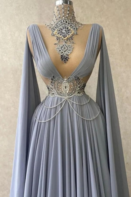 Vestidos de cerimónia nobres sem mangas, com gola alta, corte evasê, em chiffon 100D com contas