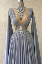 Vestidos de cerimónia nobres sem mangas, com gola alta, corte evasê, em chiffon 100D com contas
