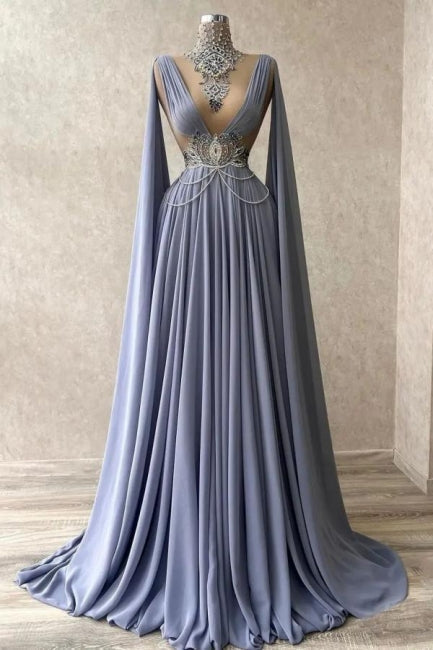 Vestidos de cerimónia nobres sem mangas, com gola alta, corte evasê, em chiffon 100D com contas