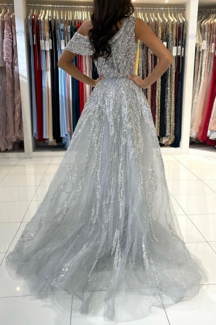 Robe de bal sirène noble à une épaule sans manches en dentelle pailletée
