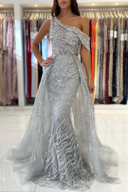 Robe de bal sirène noble à une épaule sans manches en dentelle pailletée