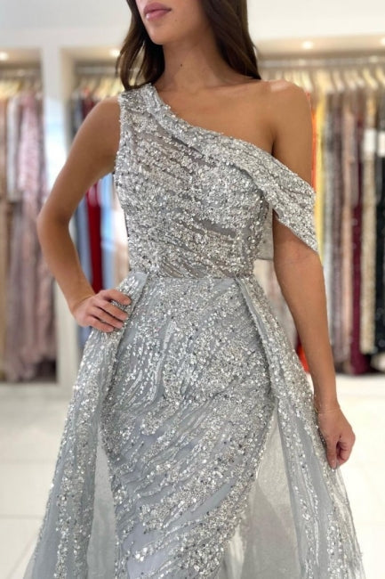 Robe de bal sirène noble à une épaule sans manches en dentelle pailletée
