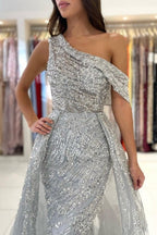 Robe de bal sirène noble à une épaule sans manches en dentelle pailletée