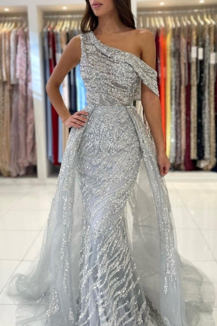 Robe de bal sirène noble à une épaule sans manches en dentelle pailletée