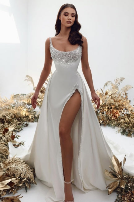 Robe de mariée noble en satin, sans manches, coupe trapèze carrée avec perles