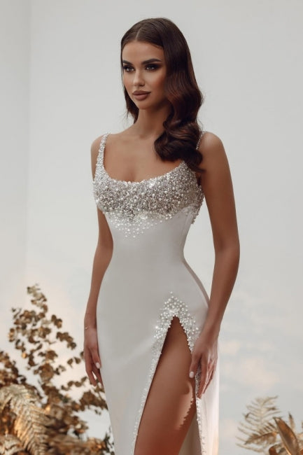 Robe de mariée noble en satin, sans manches, coupe trapèze carrée avec perles