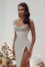 Robe de mariée noble en satin, sans manches, coupe trapèze carrée avec perles