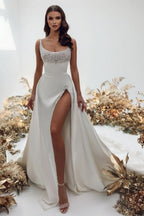 Robe de mariée noble en satin, sans manches, coupe trapèze carrée avec perles
