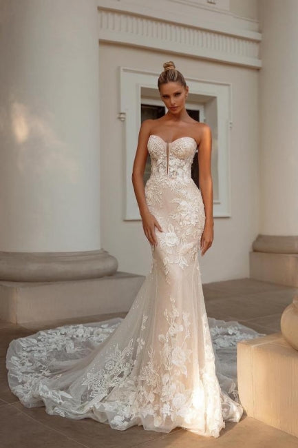 Robes de mariée sirène en dentelle sans manches, chérie noble
