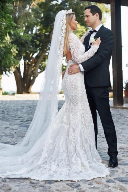 Vestidos de novia de encaje de sirena de manga larga con cuello en V noble