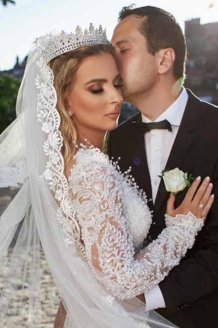 Vestidos de novia de encaje de sirena de manga larga con cuello en V noble