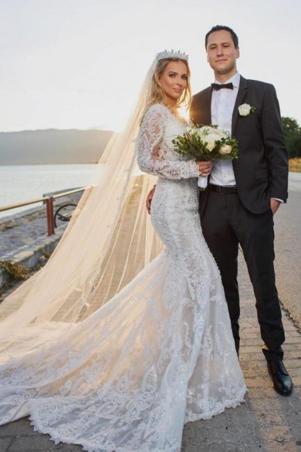 Vestidos de novia de encaje de sirena de manga larga con cuello en V noble