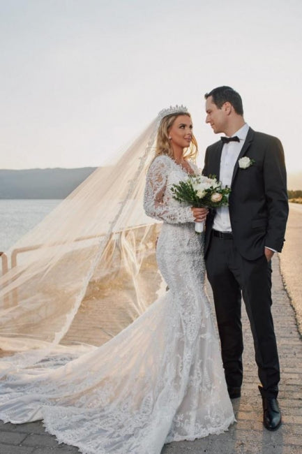Vestidos de novia de encaje de sirena de manga larga con cuello en V noble