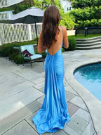 Noel | Blue Spaghetti Straps Mermaid Satin Backless Long Prom Dress