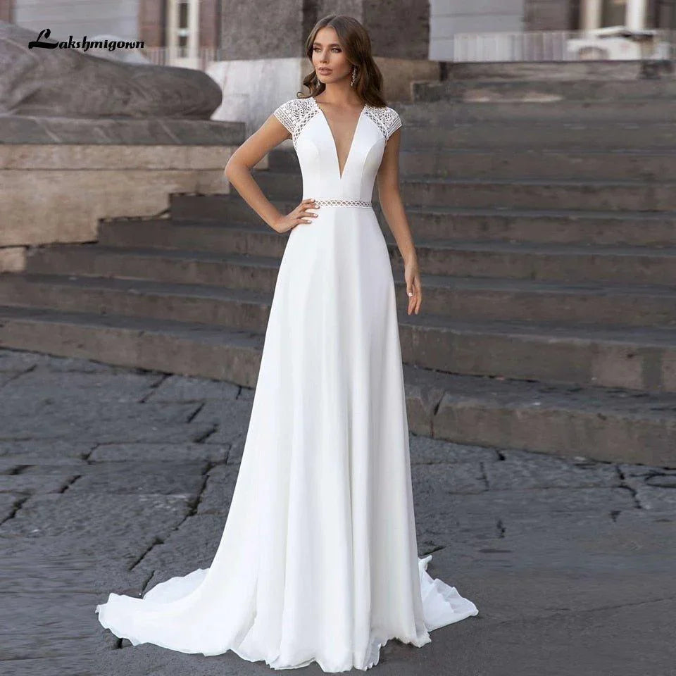 Abiti Donna Modest Bridal A Line Wedding Dress Summer 2025 Simple V-neck Backless Beach Wedding Dresses Long Train