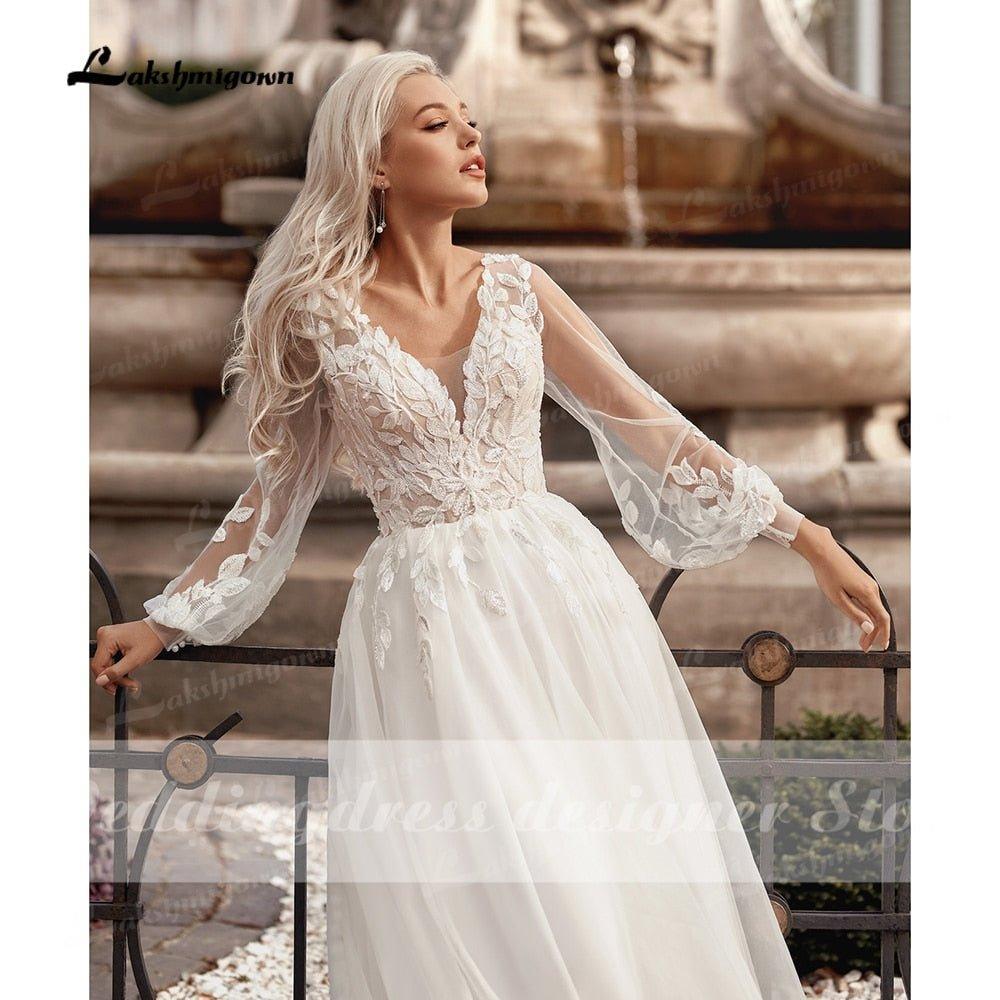 Boho Princess A-Line Wedding Dresses V Neck Longue Long Lantern Sleeve Robe De Soiree Simple Beach Wedding Gown Vestidos