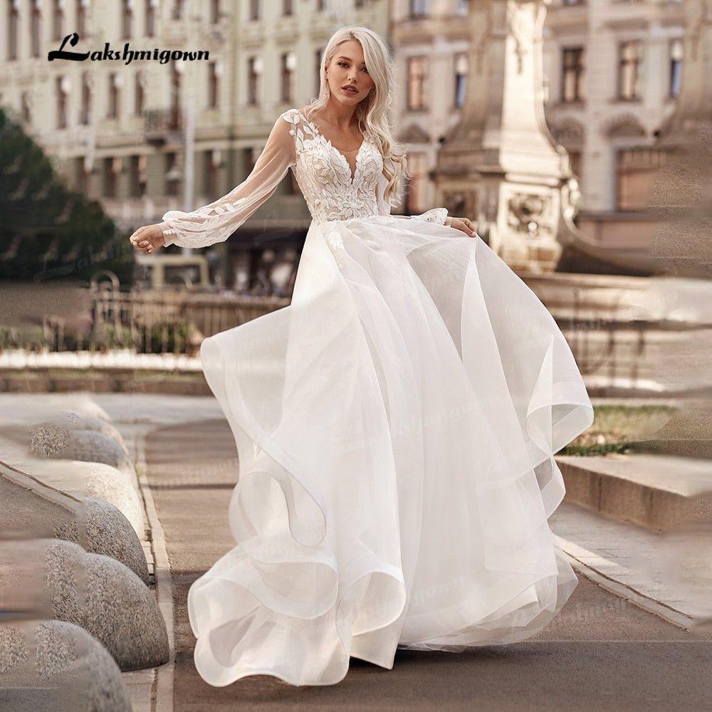 Boho Princess A-Line Wedding Dresses V Neck Longue Long Lantern Sleeve Robe De Soiree Simple Beach Wedding Gown Vestidos
